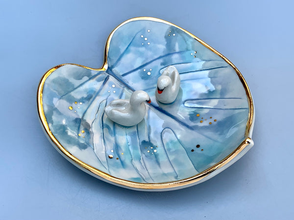 Swan Soulmates, Ceramic Leaf Dish with Two Swans on Sparkling Pond