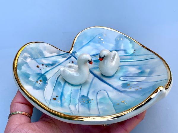 Swan Soulmates, Ceramic Leaf Dish with Two Swans on Sparkling Pond