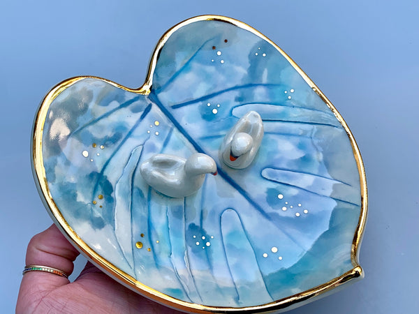 Swan Soulmates, Ceramic Leaf Dish with Two Swans on Sparkling Pond