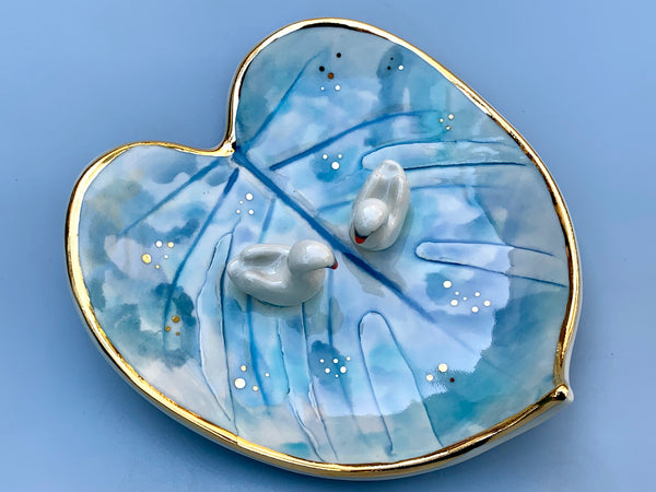 Swan Soulmates, Ceramic Leaf Dish with Two Swans on Sparkling Pond