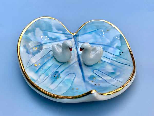 Swan Soulmates, Ceramic Leaf Dish with Two Swans on Sparkling Pond