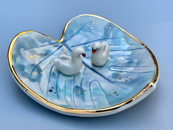 Swan Soulmates, Ceramic Leaf Dish with Two Swans on Sparkling Pond