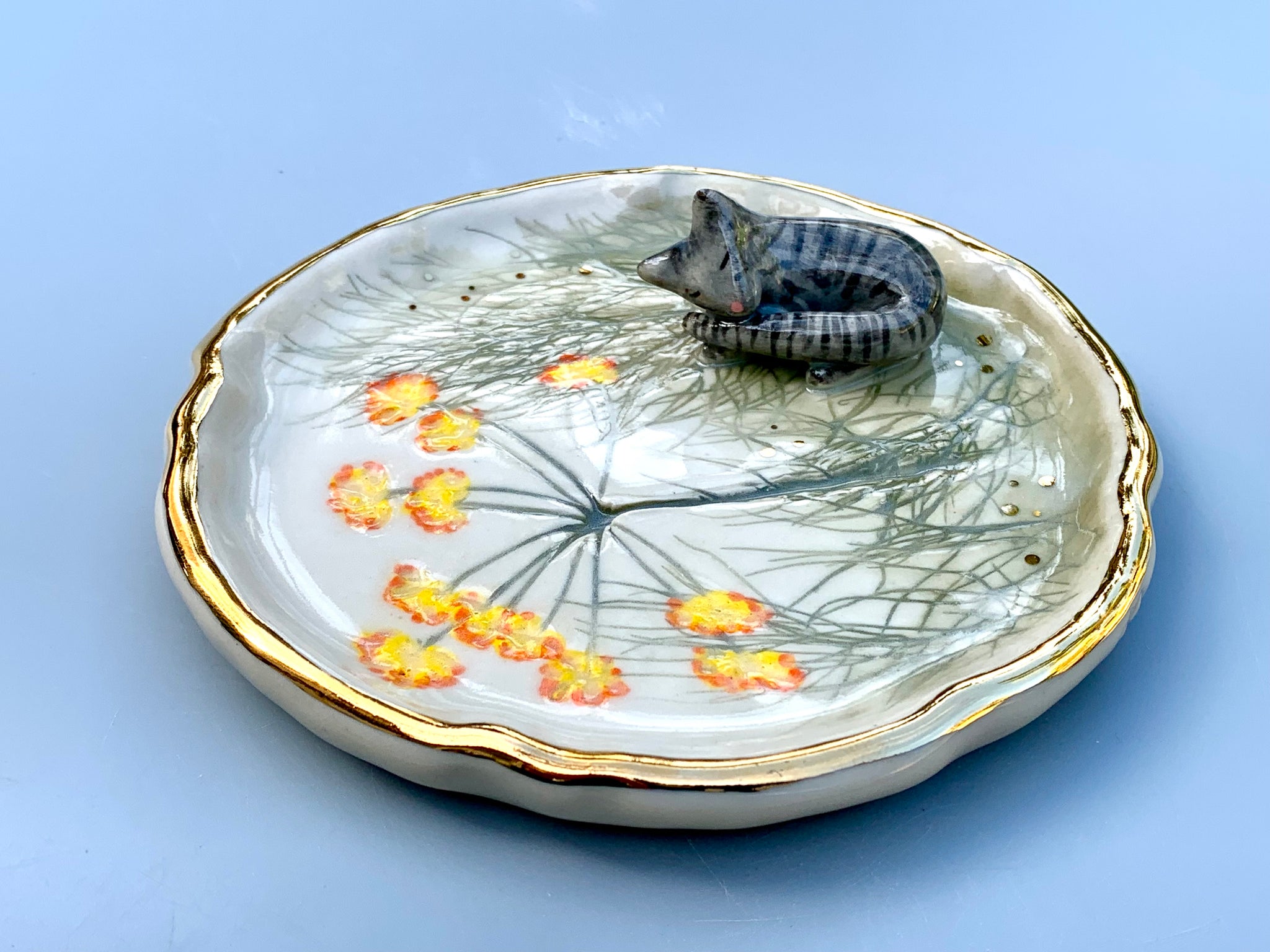 Sleeping Tabby Cat Jewelry Dish with Fennel Flower and Gold Accent