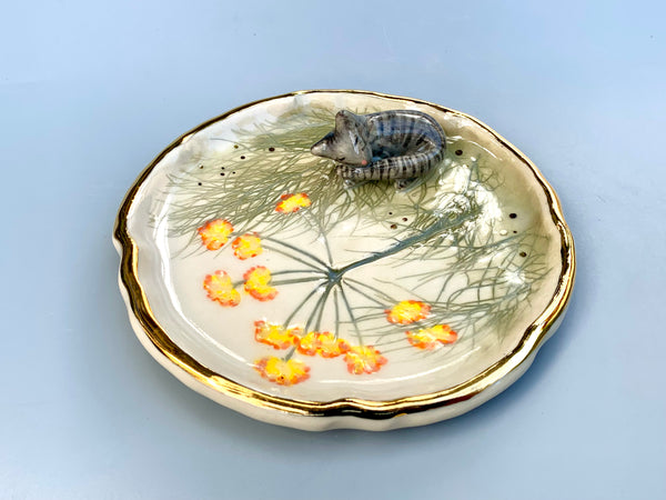 Sleeping Tabby Cat Jewelry Dish with Fennel Flower and Gold Accent