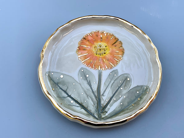Calendula Flower Jewelry Dish, Ceramic with Gold Accents