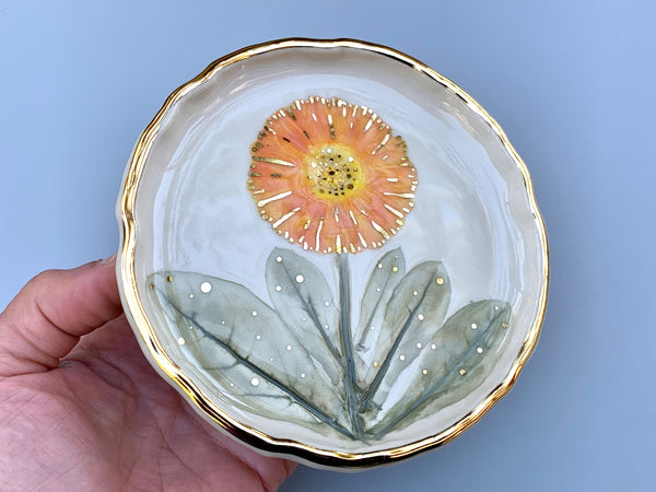 Calendula Flower Jewelry Dish, Ceramic with Gold Accents