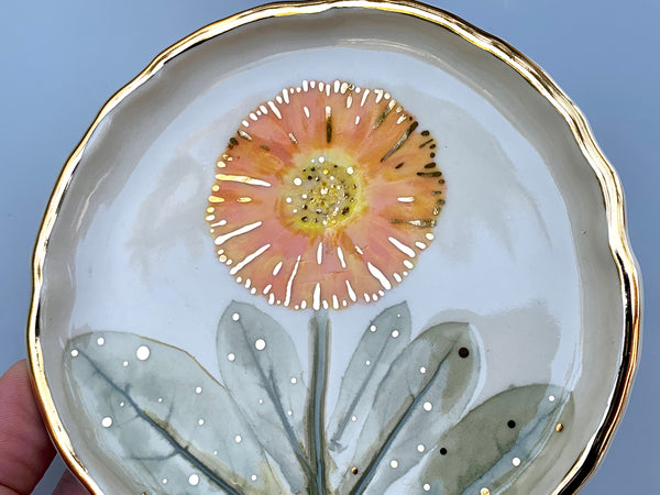 Calendula Flower Jewelry Dish, Ceramic with Gold Accents