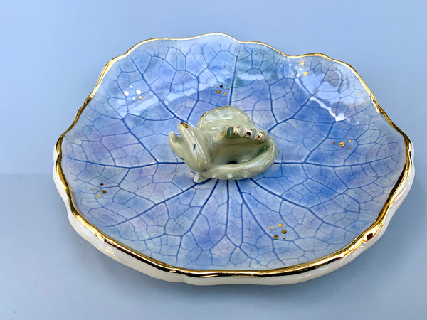 Large Sleeping Dragon Jewelry Holder, Ceramic Leaf Trinket Dish with Gold Accent