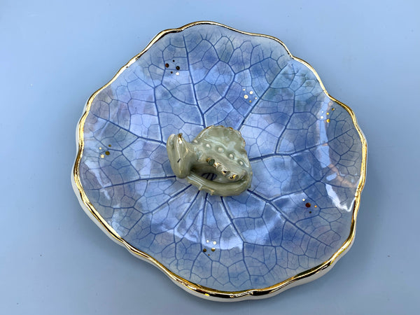 Large Sleeping Dragon Jewelry Holder, Ceramic Leaf Trinket Dish with Gold Accent