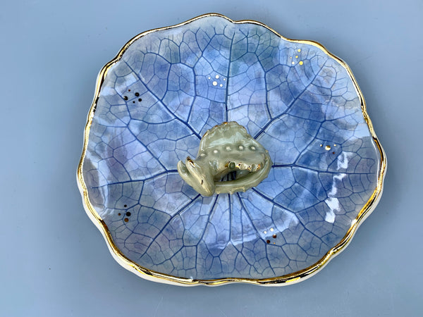 Large Sleeping Dragon Jewelry Holder, Ceramic Leaf Trinket Dish with Gold Accent