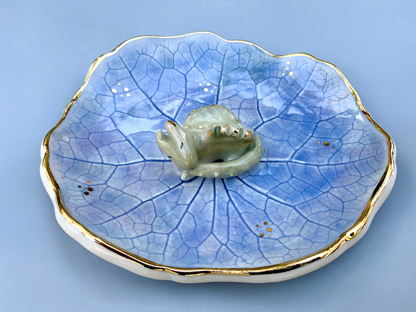 Large Sleeping Dragon Jewelry Holder, Ceramic Leaf Trinket Dish with Gold Accent