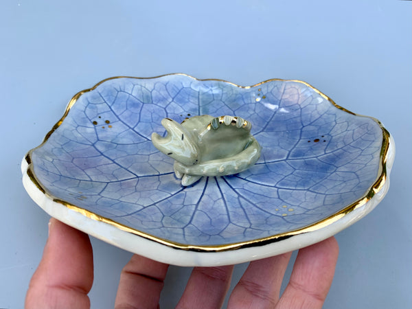 Large Sleeping Dragon Jewelry Holder, Ceramic Leaf Trinket Dish with Gold Accent