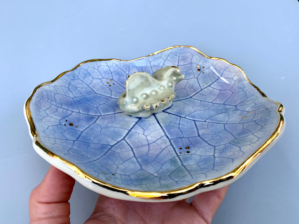 Large Sleeping Dragon Jewelry Holder, Ceramic Leaf Trinket Dish with Gold Accent