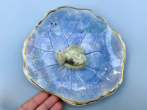 Large Sleeping Dragon Jewelry Holder, Ceramic Leaf Trinket Dish with Gold Accent
