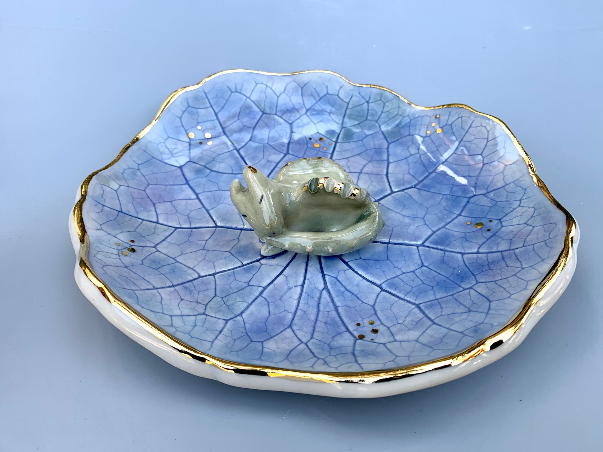 Large Sleeping Dragon Jewelry Holder, Ceramic Leaf Trinket Dish with Gold Accent