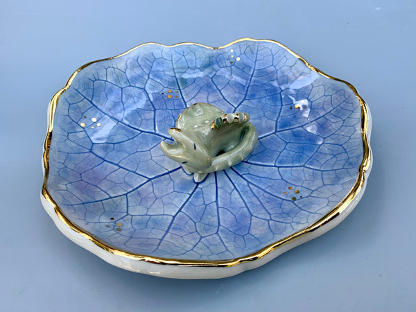 Large Sleeping Dragon Jewelry Holder, Ceramic Leaf Trinket Dish with Gold Accent