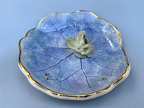 Large Sleeping Dragon Jewelry Holder, Ceramic Leaf Trinket Dish with Gold Accent