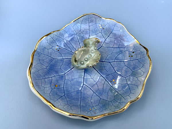 Large Sleeping Dragon Jewelry Holder, Ceramic Leaf Trinket Dish with Gold Accent