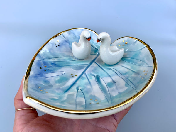 Swan Soulmates, Ceramic Leaf Dish with Two Swans on Sparkling Pond