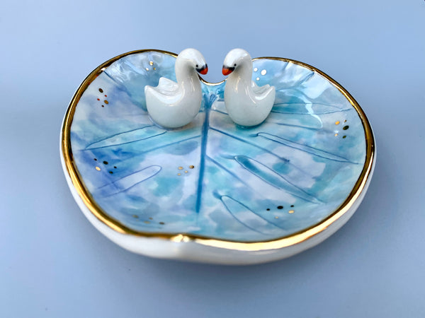Swan Soulmates, Ceramic Leaf Dish with Two Swans on Sparkling Pond