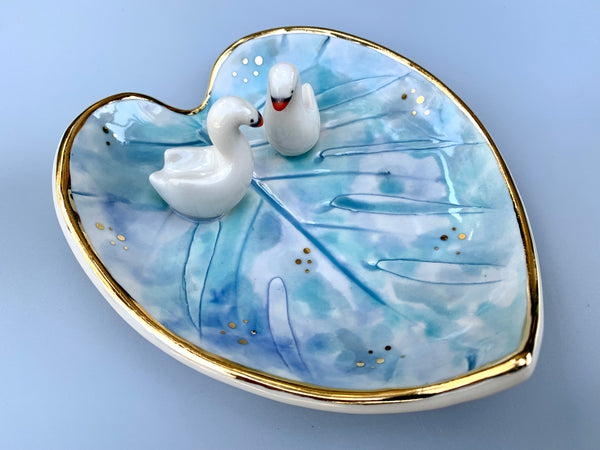 Swan Soulmates, Ceramic Leaf Dish with Two Swans on Sparkling Pond
