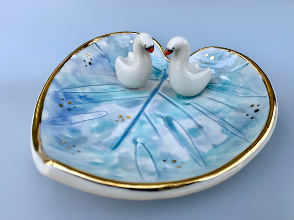 Swan Soulmates, Ceramic Leaf Dish with Two Swans on Sparkling Pond