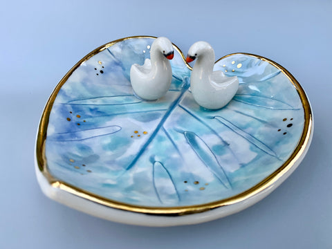 Swan Soulmates, Ceramic Leaf Dish with Two Swans on Sparkling Pond