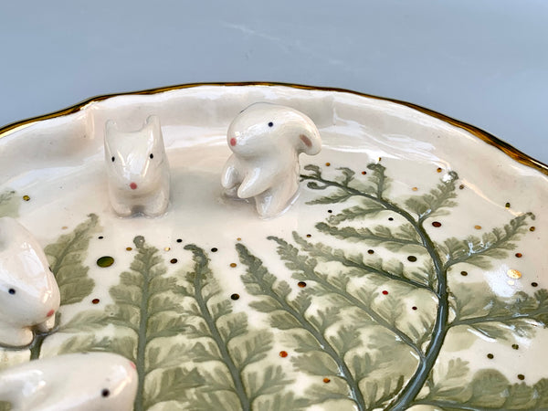 Bunny Babies on Sparkling Fern Jewelry Dish, Ceramic with Real Gold