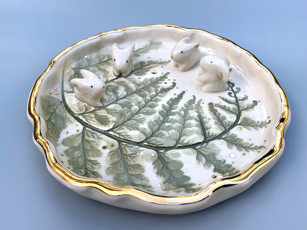 Bunny Babies on Sparkling Fern Jewelry Dish, Ceramic with Real Gold