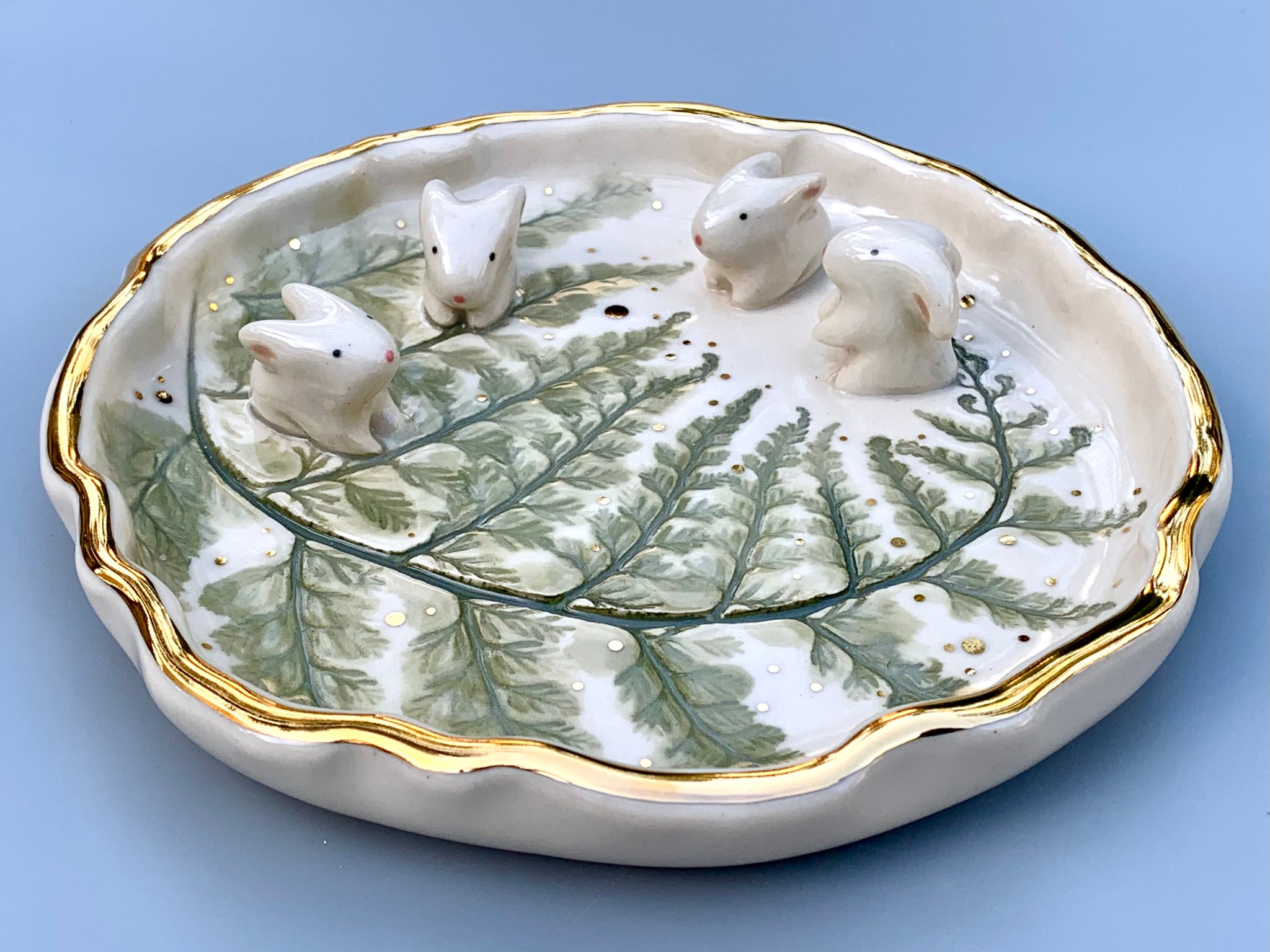 Bunny Babies on Sparkling Fern Jewelry Dish, Ceramic with Real Gold