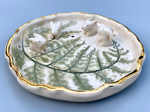 Bunny Babies on Sparkling Fern Jewelry Dish, Ceramic with Real Gold