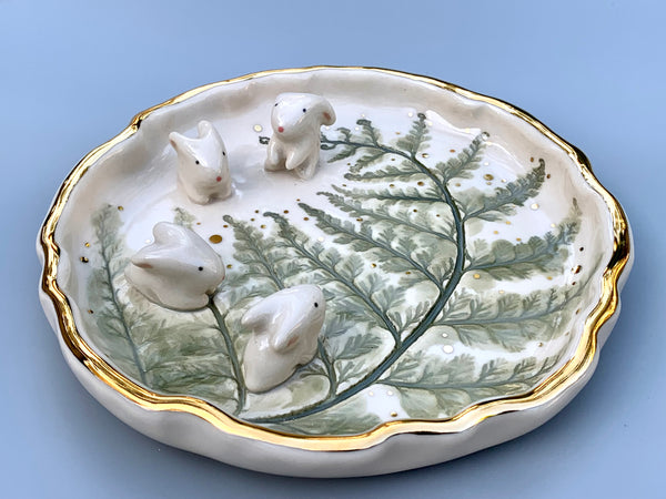 Bunny Babies on Sparkling Fern Jewelry Dish, Ceramic with Real Gold