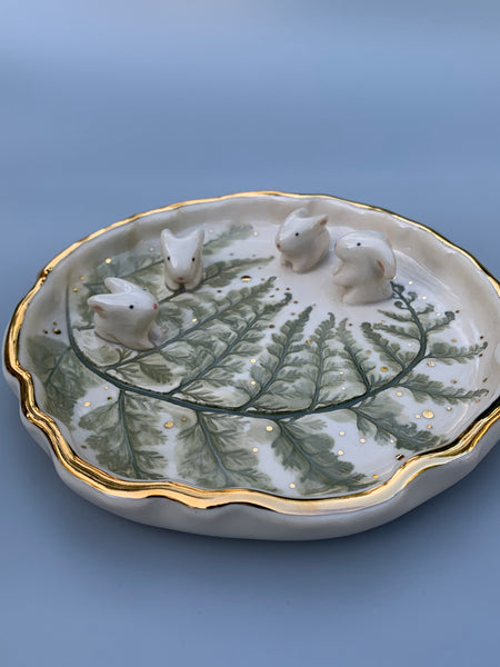 Bunny Babies on Sparkling Fern Jewelry Dish, Ceramic with Real Gold