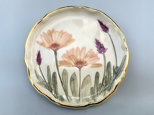 Pink Daisy and Lavender Jewelry Holder, Ceramic Dish with Flower Imprint - Vuvu Ceramics