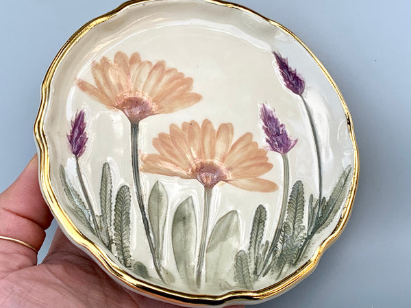 Pink Daisy and Lavender Jewelry Holder, Ceramic Dish with Flower Imprint - Vuvu Ceramics