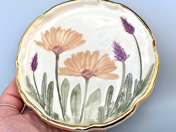 Pink Daisy and Lavender Jewelry Holder, Ceramic Dish with Flower Imprint - Vuvu Ceramics