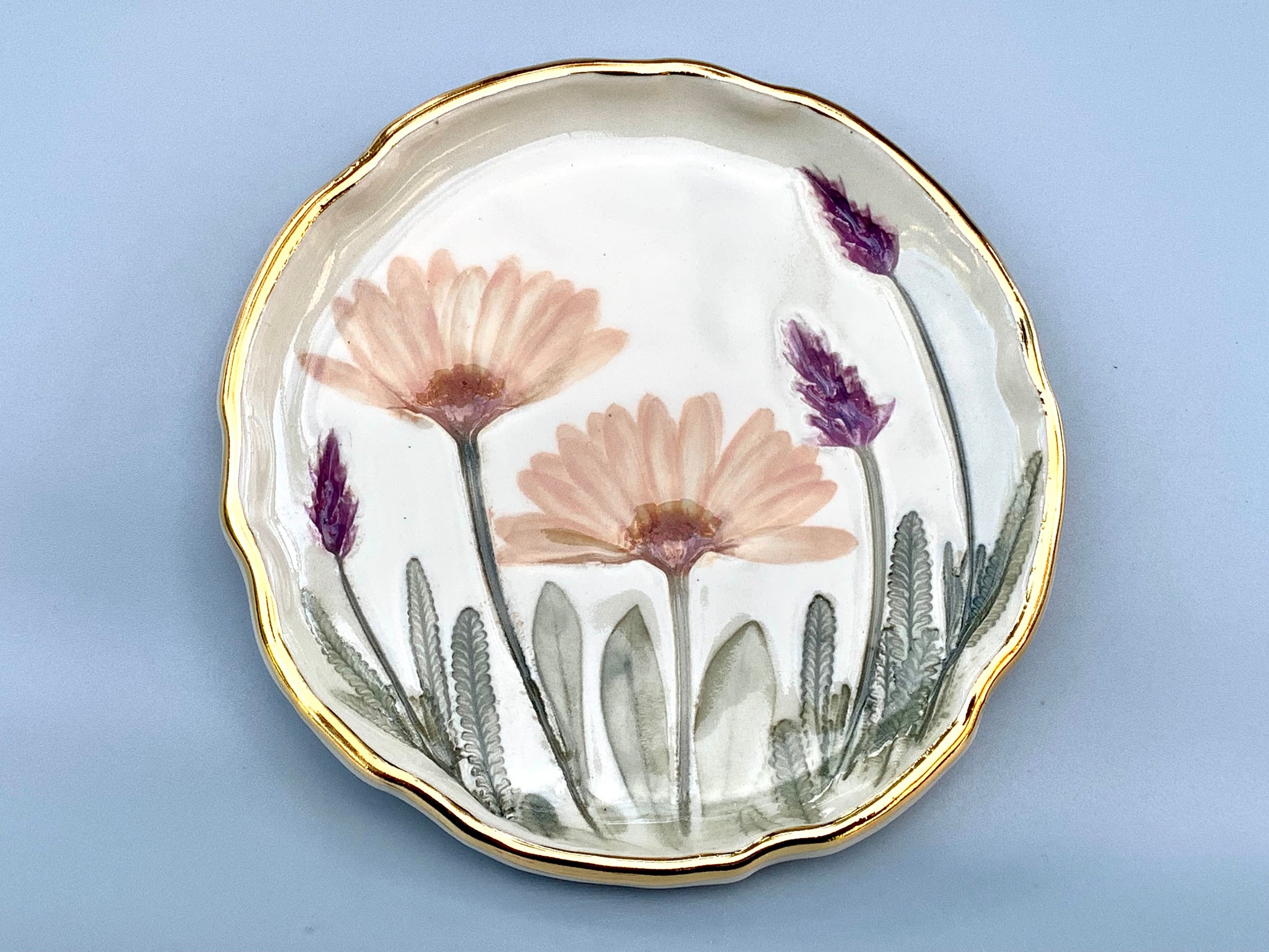 Pink Daisy and Lavender Jewelry Holder, Ceramic Dish with Flower Imprint - Vuvu Ceramics