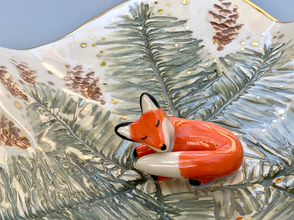 Ex-Large Fox and Evergreen Jewelry Holder, Ceramic Trinket Dish with Gold Accent