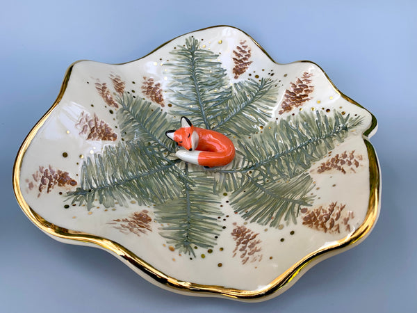 Ex-Large Fox and Evergreen Jewelry Holder, Ceramic Trinket Dish with Gold Accent
