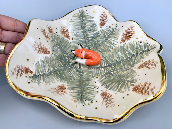Ex-Large Fox and Evergreen Jewelry Holder, Ceramic Trinket Dish with Gold Accent