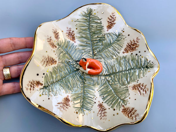 Ex-Large Fox and Evergreen Jewelry Holder, Ceramic Trinket Dish with Gold Accent