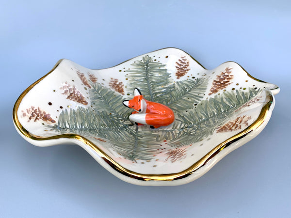Ex-Large Fox and Evergreen Jewelry Holder, Ceramic Trinket Dish with Gold Accent