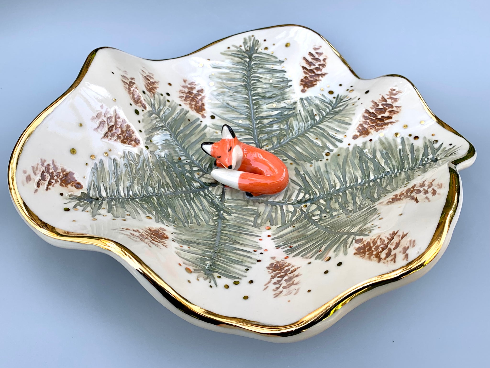 Ex-Large Fox and Evergreen Jewelry Holder, Ceramic Trinket Dish with Gold Accent