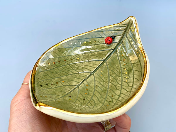 Large Ladybug on Hydrangea Leaf Dish with Gold Accents