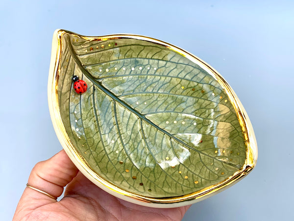 Large Ladybug on Hydrangea Leaf Dish with Gold Accents