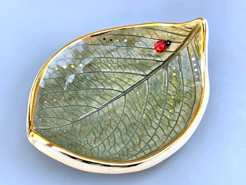 Large Ladybug on Hydrangea Leaf Dish with Gold Accents