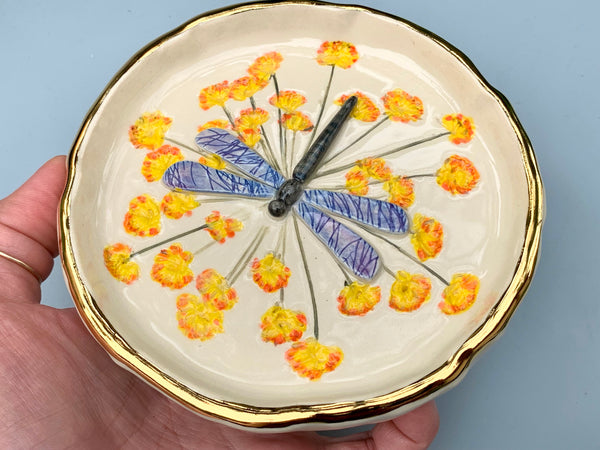 Large Dragonfly Jewelry Dish with Fennel Flowers and Gold Accent