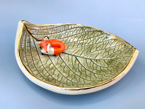 Sleeping Fox Jewelry Holder, Ceramic Hydrangea Leaf Trinket Dish with Gold Accent