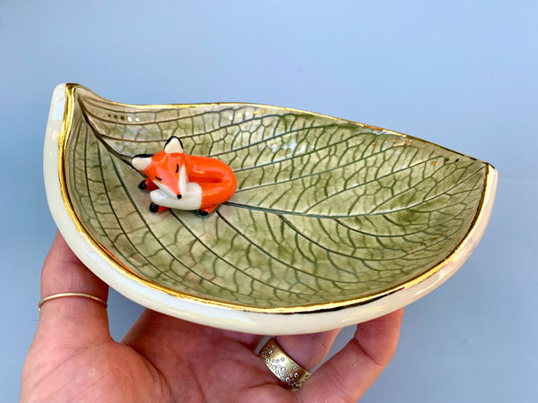 Sleeping Fox Jewelry Holder, Ceramic Hydrangea Leaf Trinket Dish with Gold Accent