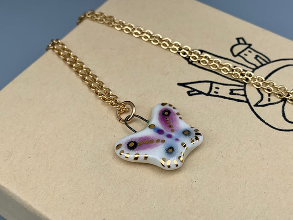 Butterfly Necklace, Dainty Pendant with real 22kt gold - Vuvu Ceramics